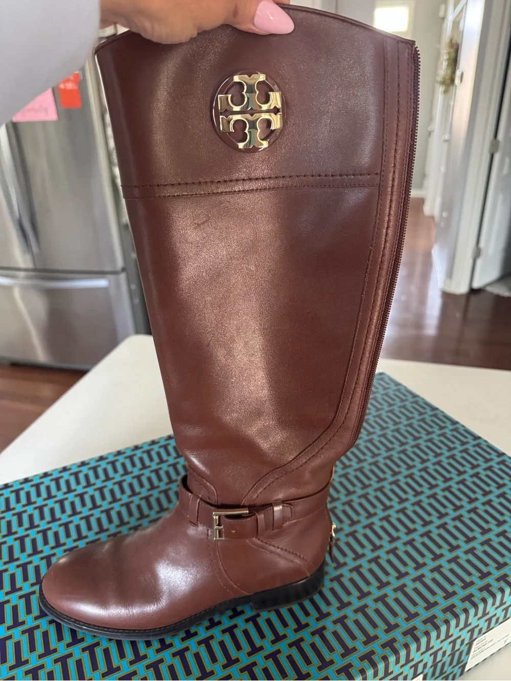Tory Burch Brown Leather Tall Riding Boots with Gold Logo
